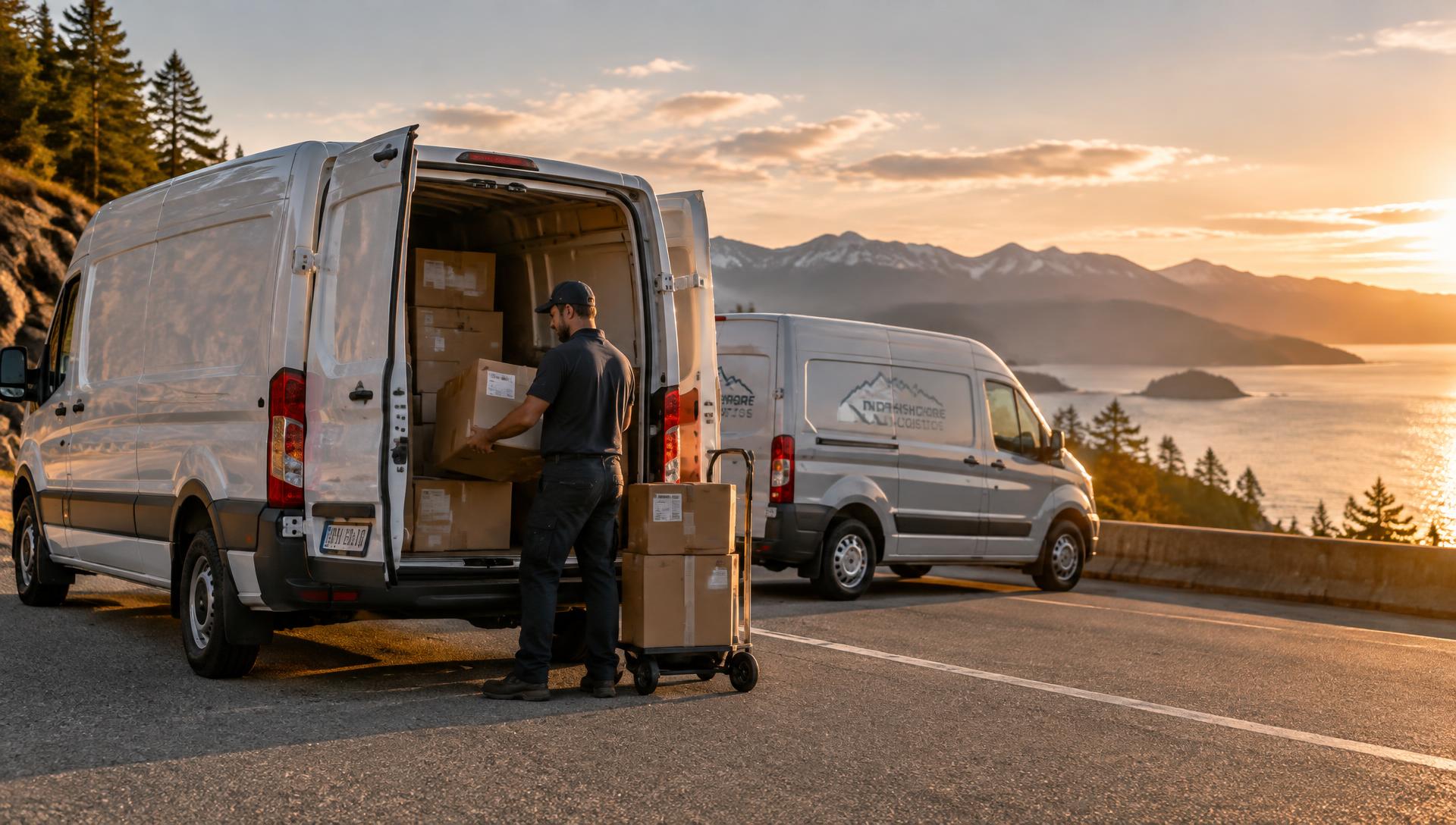 Cargo van and mini van loaded with parcels on a British Columbia highway